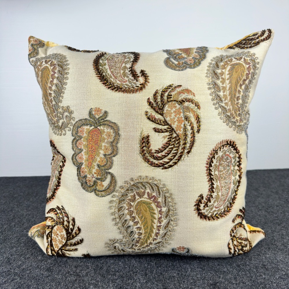 Bliss Studio Beaded Paisley Tapestry Throw Pillow Gold Crushed Velvet Back 18x18